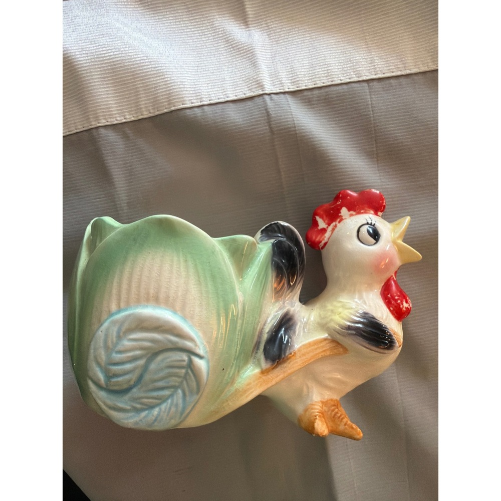 Vintage Ceramic Rooster Cabbage Planter Figurine‎ Mid Century Farmhouse Kitsch